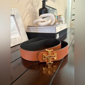Tory Burch Tan and Black Belt with Gold Emblem